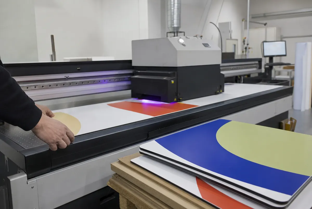 Impression UV directe sur un panneau composite, enseignes finies à côté