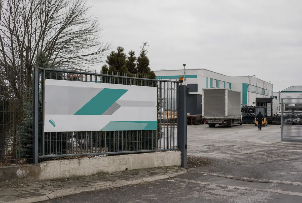 Panneau d'entreprise turquoise fixé sur la clôture près du portail d'une usine