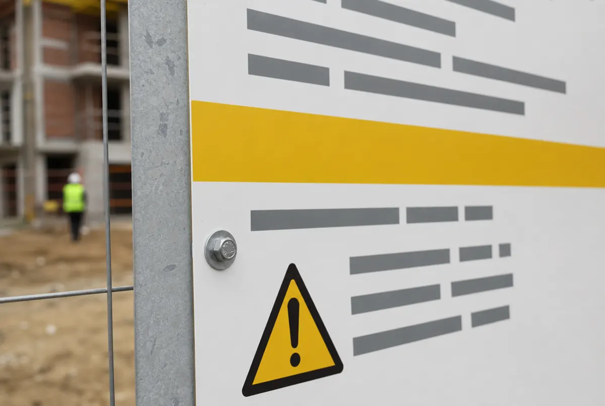 Detalle de un cartel de obra de composite atornillado a un marco galvanizado