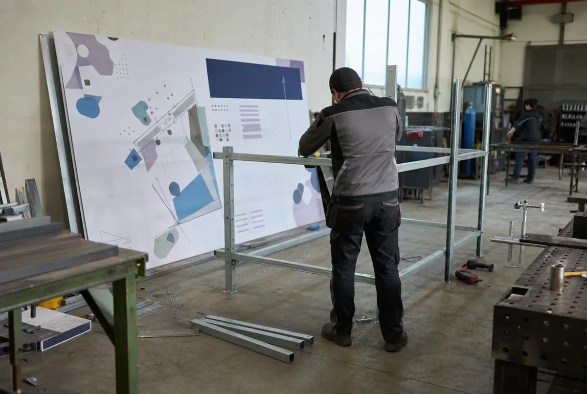 Montaje de una estructura galvanizada para un gran cartel de obra