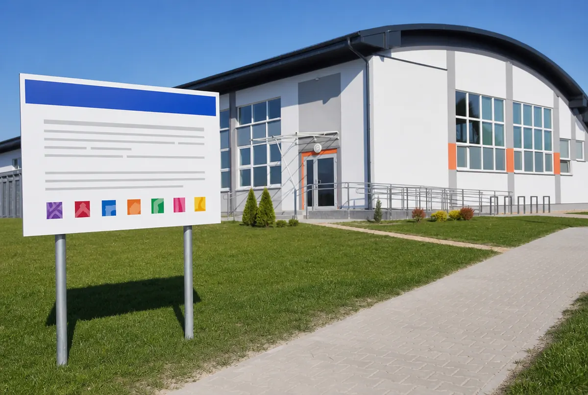 Panneau d'information d'un projet subventionné devant un gymnase rénové