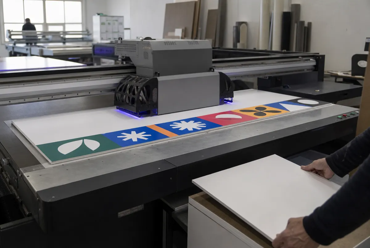Une imprimante UV à plat imprime un panneau avec une rangée d'emblèmes colorés