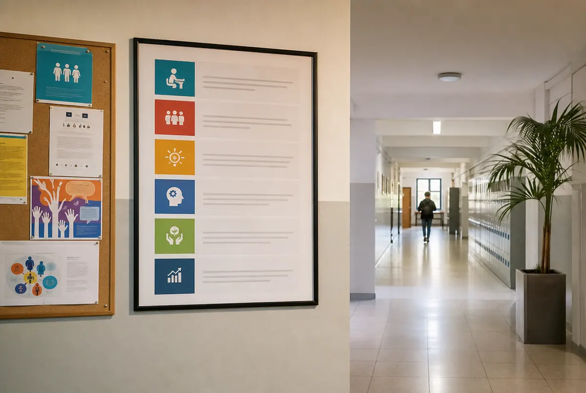 Affiche A3 d'un projet européen encadrée dans le hall d'une école