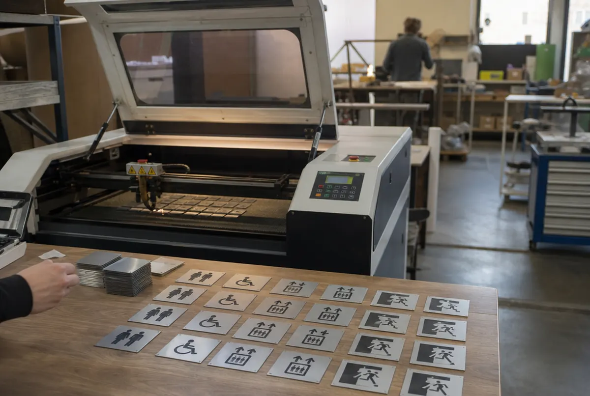 Lasergravur auf Aluschildern, daneben eine Serie fertiger Piktogrammschilder