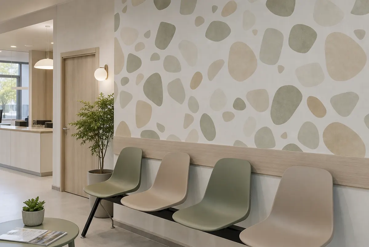 Mur de salle d'attente avec papier peint galets aux tons sauge