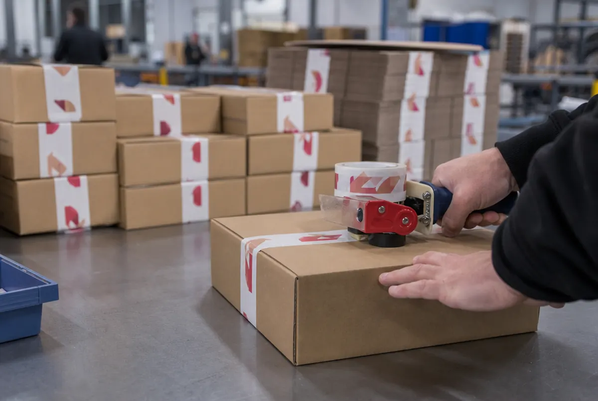 Sealing a carton with printed packing tape at a warehouse table