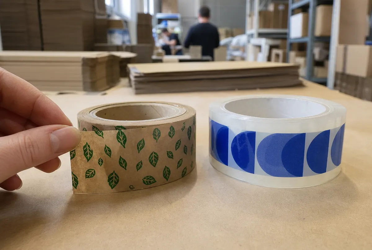Close-up of paper and polypropylene tape rolls with a repeating print