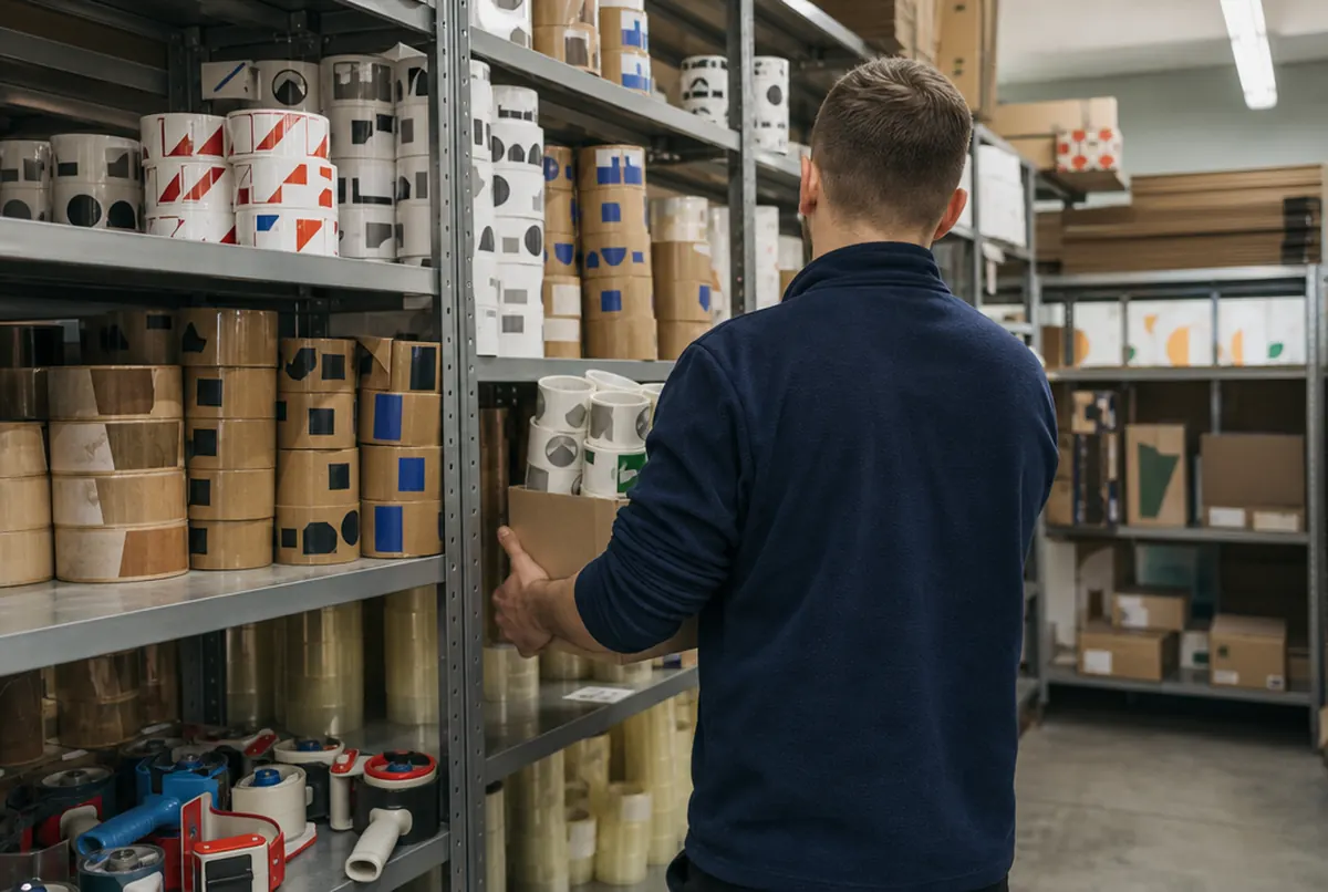 Packaging supplies store with printed tape rolls and cartons