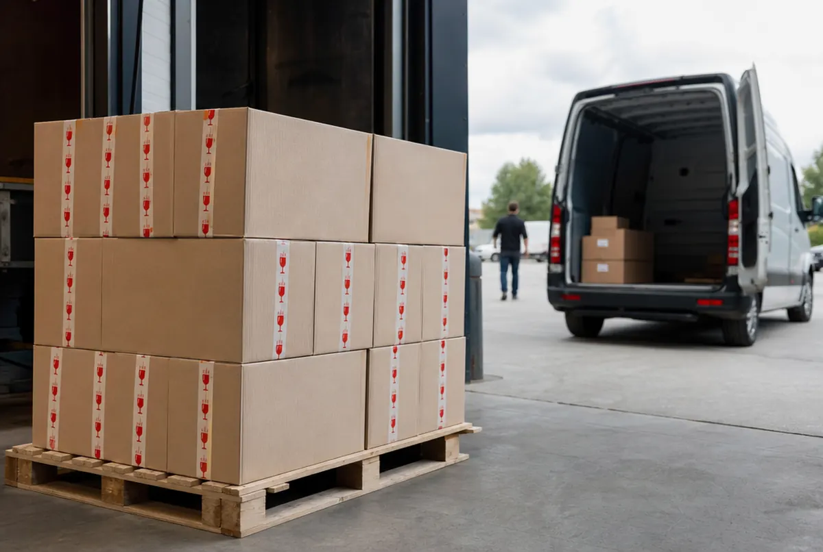 Cartons sealed with fragile-glass pictogram tape ready for pickup at the dock