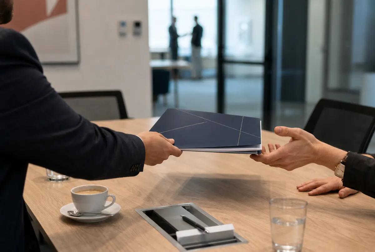 Presentation folder with documents on a meeting room table, client's hands