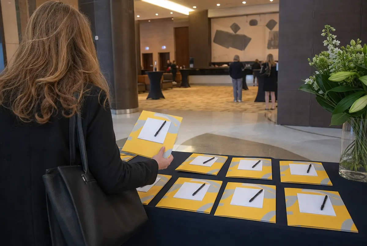 Conference folders with a notepad and pen on a registration table