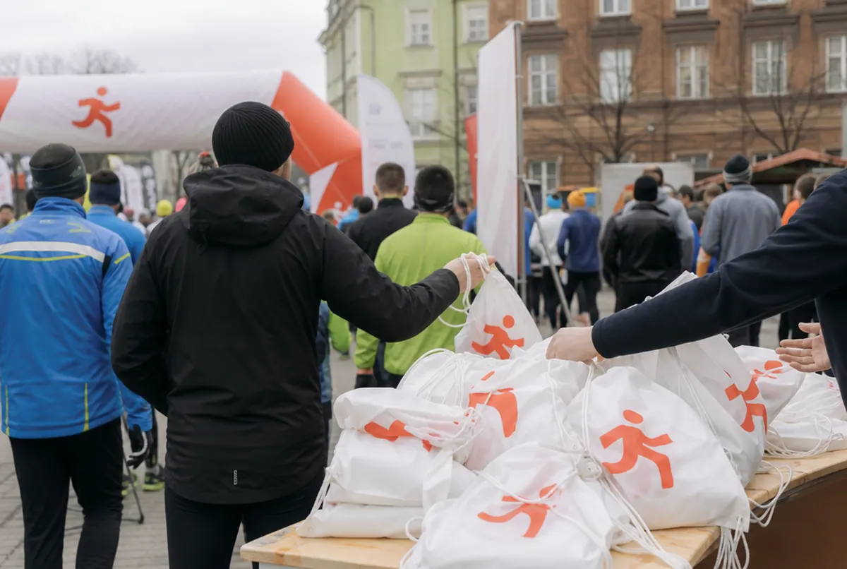 Printed drawstring bags handed out as race starter packs at a city run