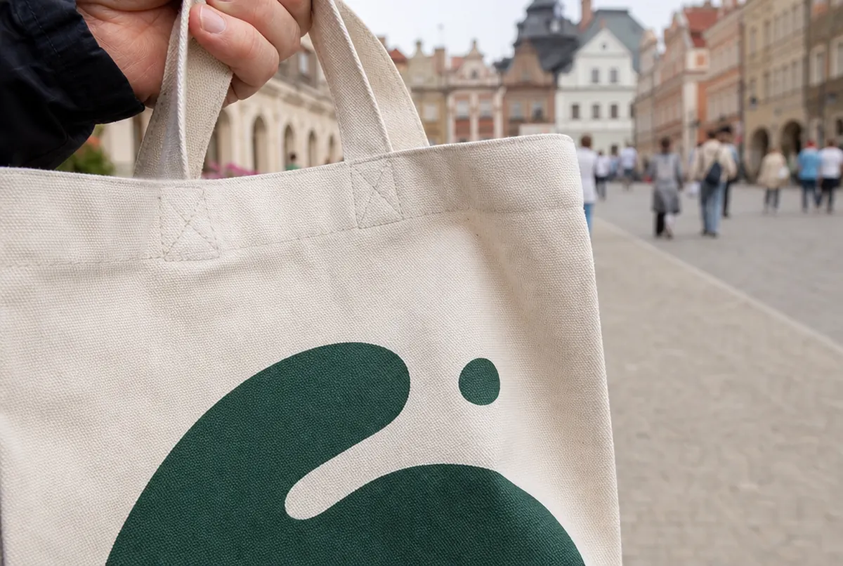 Close-up of a cotton tote with a heat-transfer print and a stitched handle