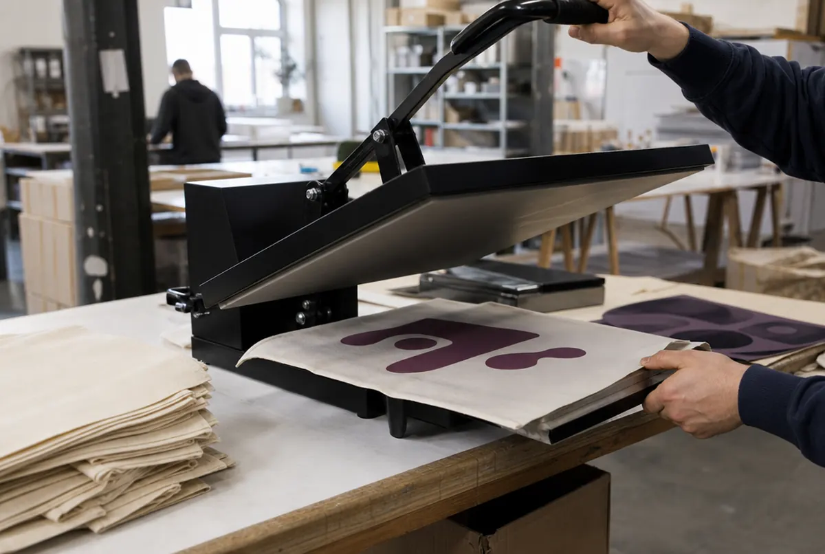 Branding a cotton bag on a heat transfer press in the workshop