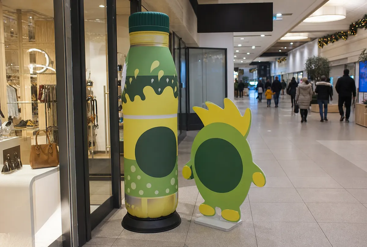 Bottle-shaped totem and cardboard mascot in a shopping mall promo zone