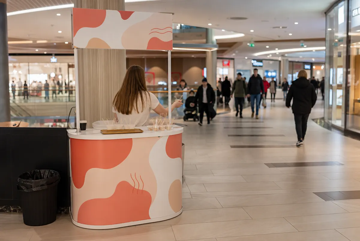 Curved printed promotional counter during a tasting in a shopping mall