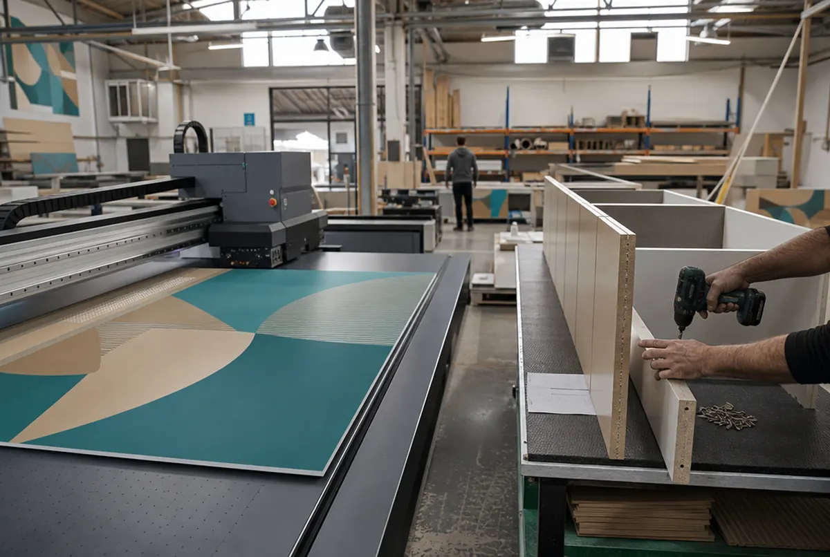 UV printing the front and assembling a custom board counter in the workshop