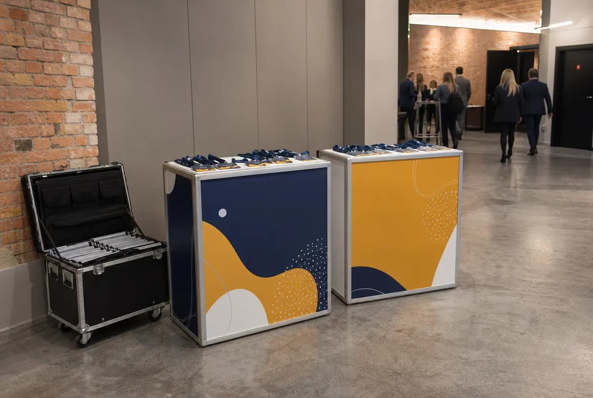 Two folding counters at a conference registration point with a transport case