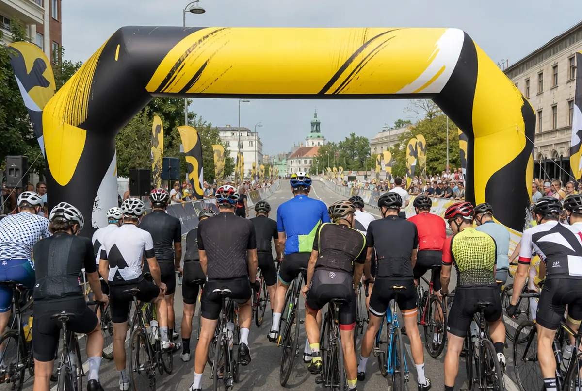 Printed inflatable start arch at the start of a city cycling race