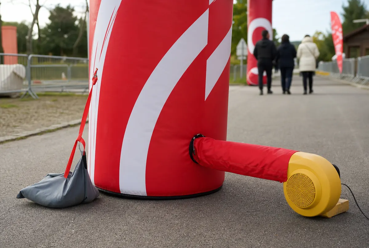 Close-up of an inflatable arch leg with its blower tube and ballast strap