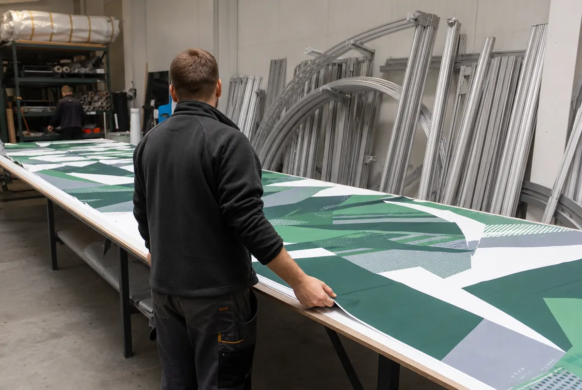 Checking printed graphics and frame parts for a player tunnel in the workshop