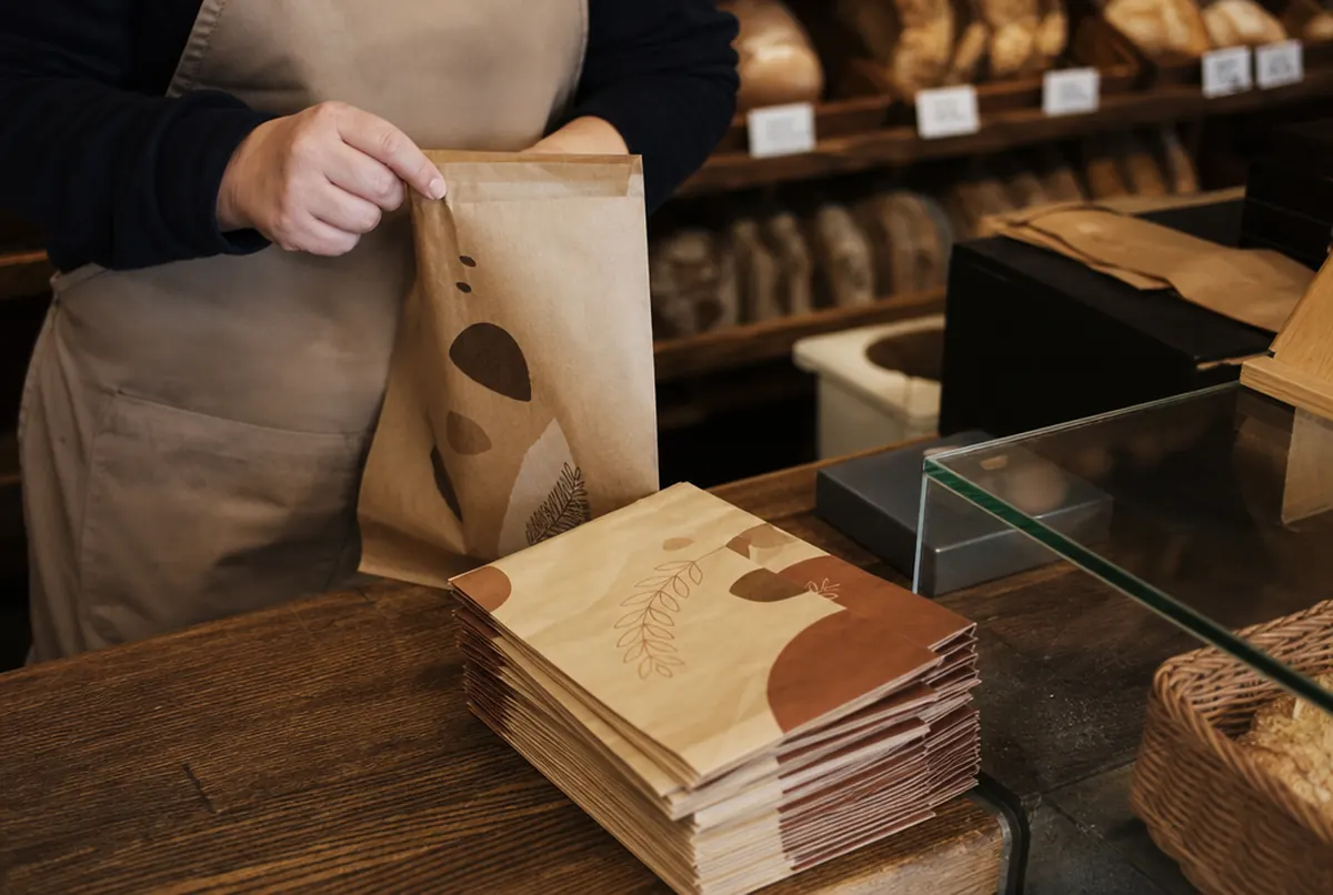 Stapel gefalzter Menüflyer auf der Theke einer Bäckerei neben einer Papiertüte