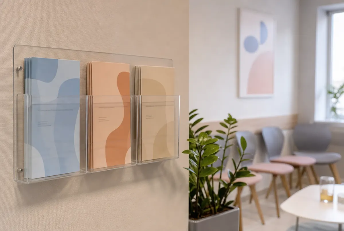 Wall-mounted acrylic leaflet holder with three A5 pockets in a waiting room