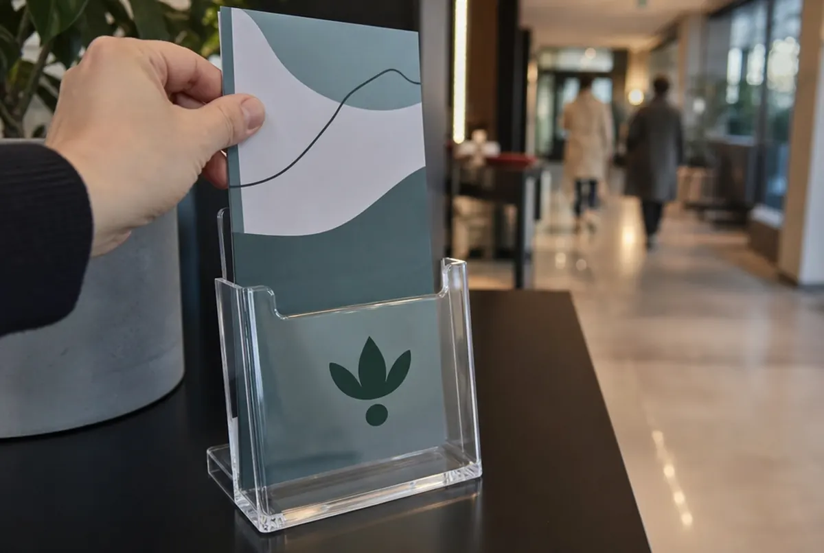 Close-up of the polished edge of an acrylic DL leaflet holder with UV print