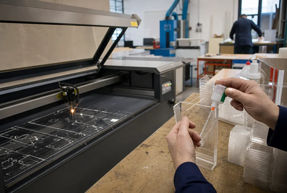 Laser cutting acrylic and bonding leaflet holder parts in the workshop