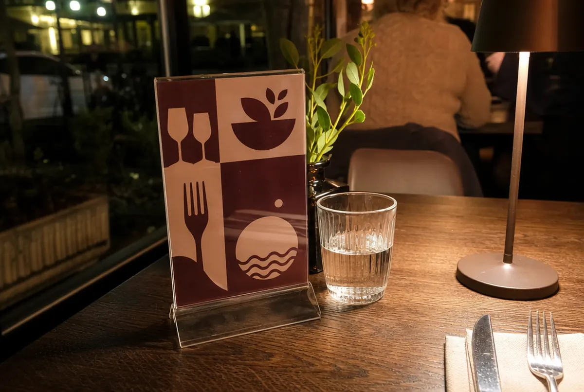 Acrylic presenter with an interchangeable menu card on a restaurant table