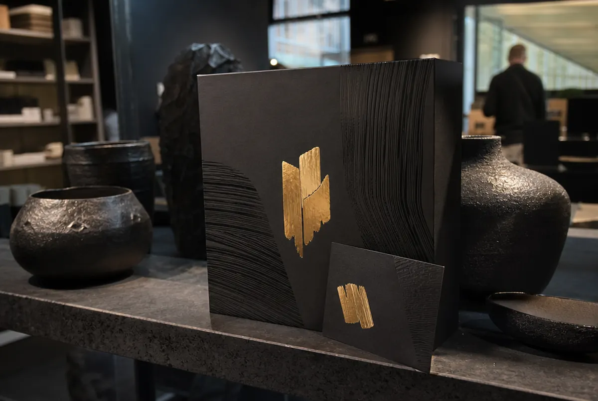 Boîte et carte de visite avec vernis 3D en relief et dorure en boutique