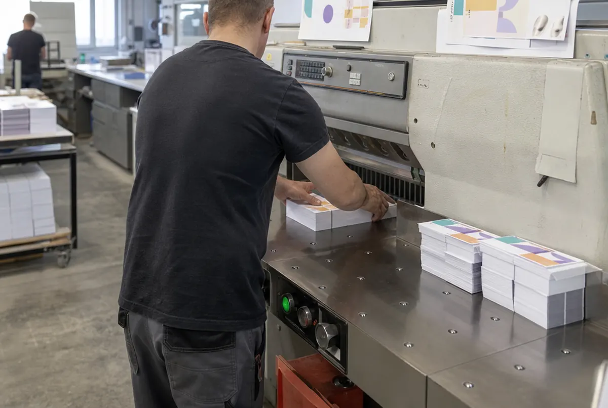Schneiden von Visitenkartenbögen an der Planschneidemaschine