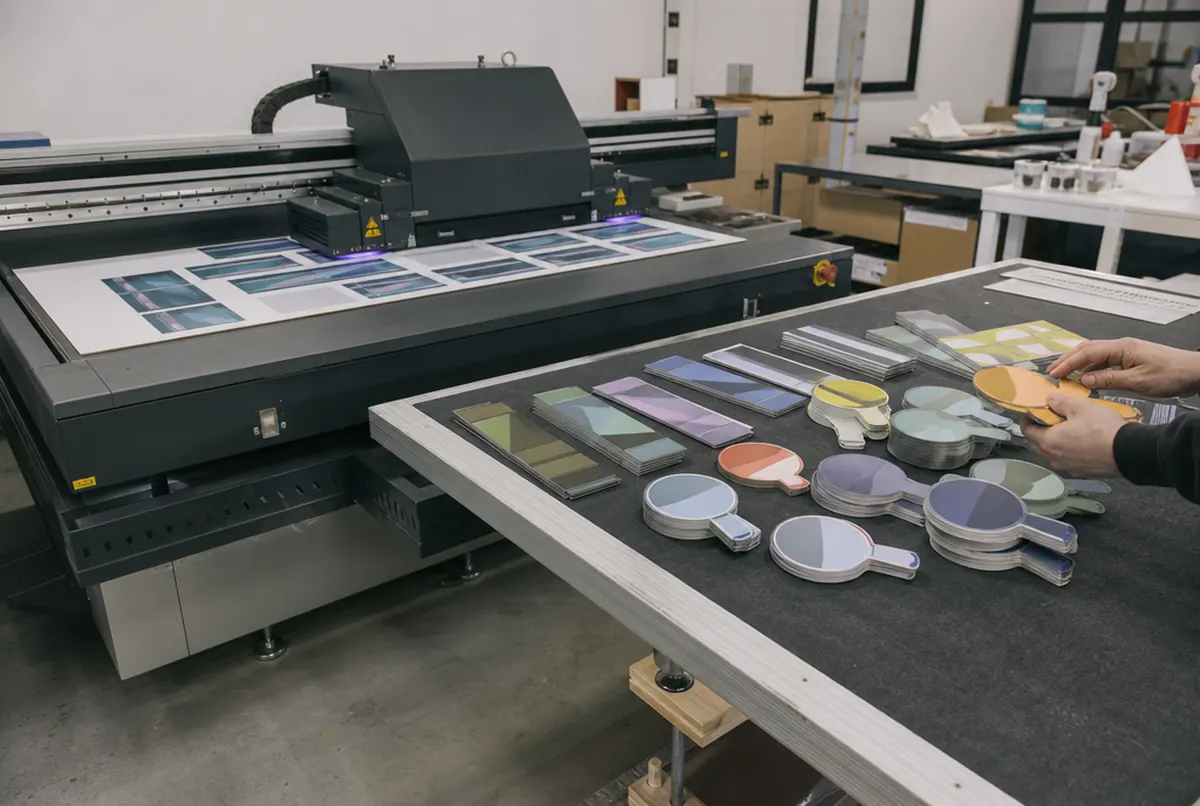 Sheets of wobblers and price tags after UV printing and cutting in the print shop