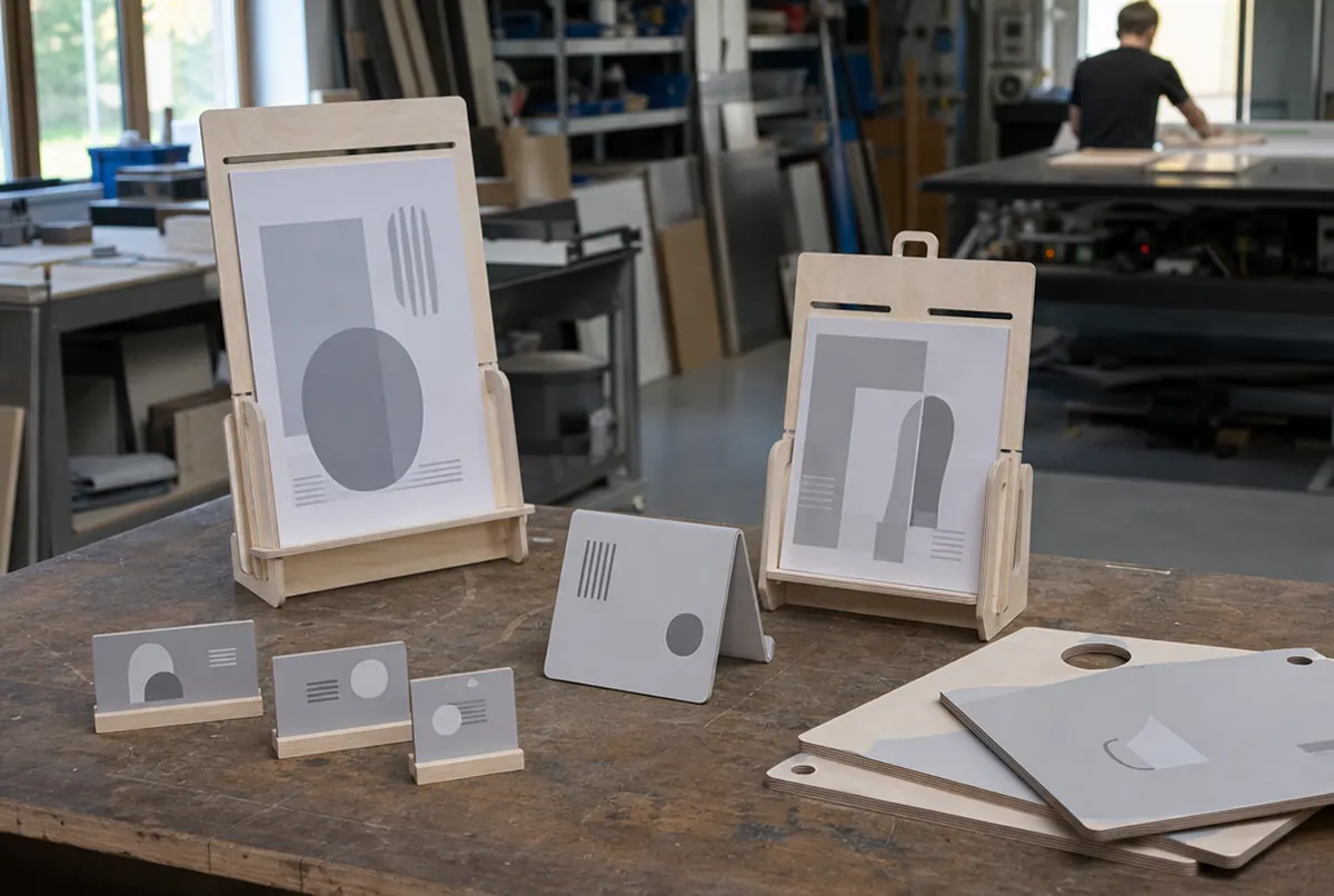 Finished acrylic and plywood parts after laser cutting and bending on a workshop table