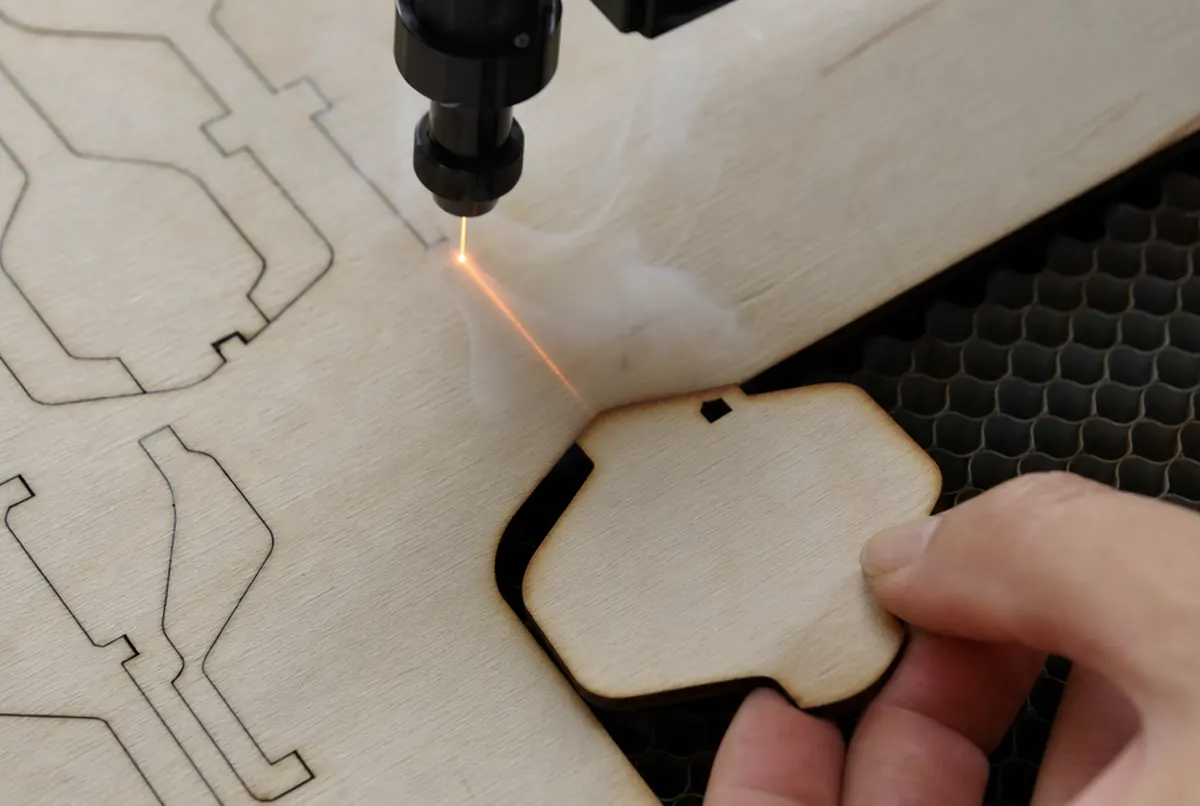 Close-up of a laser cutting plywood and the smooth edge of a finished piece