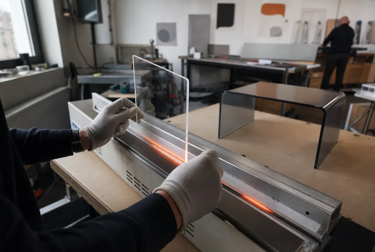Hands holding acrylic bent at a right angle on a heat bending machine