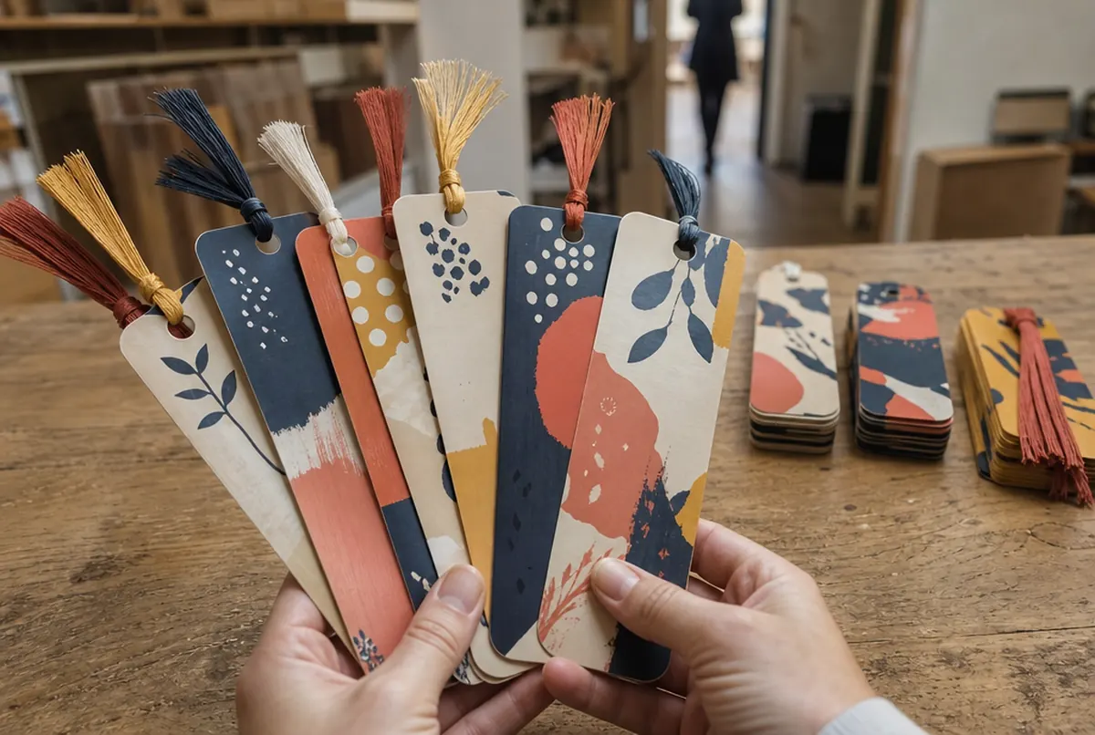 Close-up of laminated bookmarks with rounded corners and a ribbon tassel