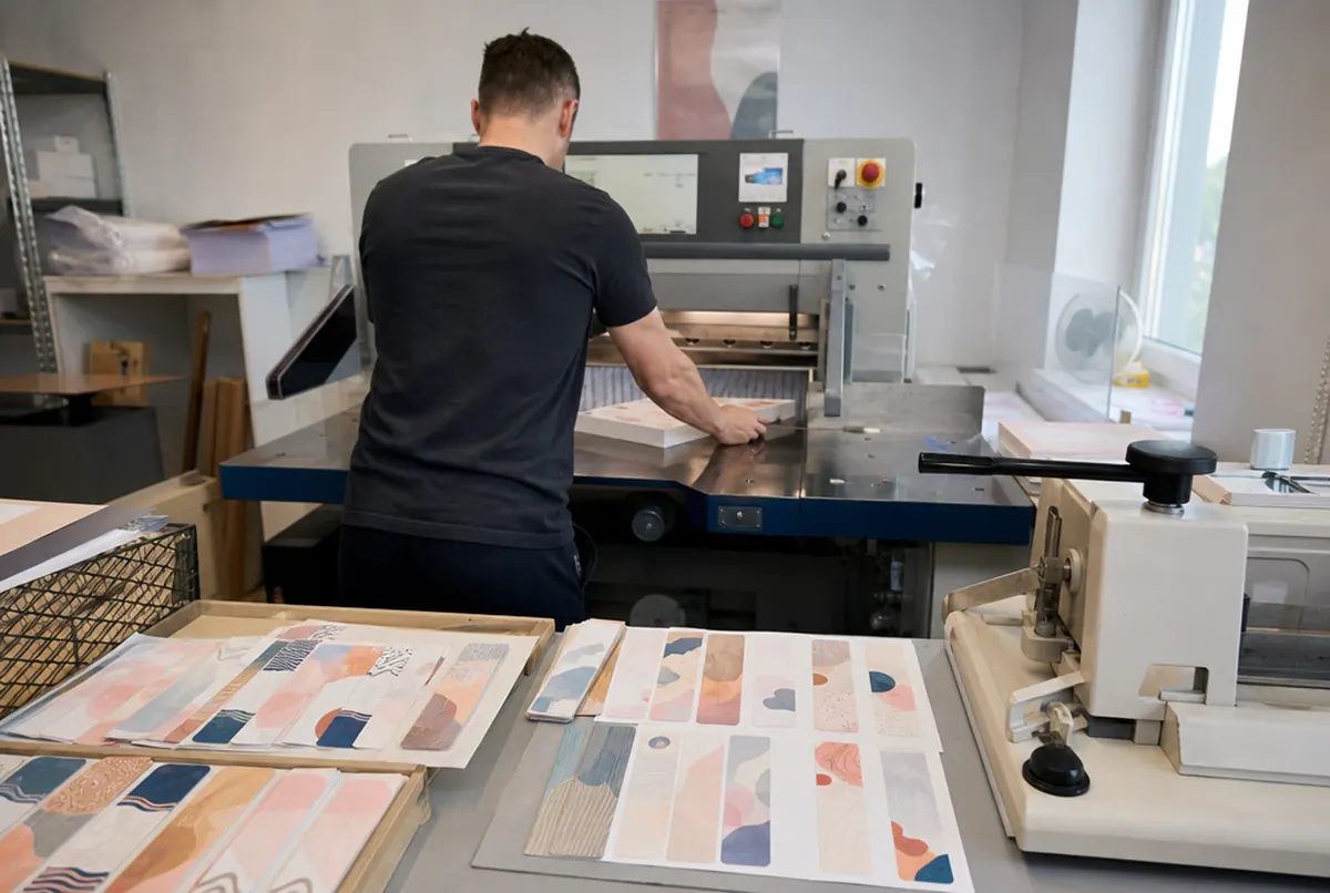 Cutting bookmark sheets on a guillotine and rounding corners in the print shop