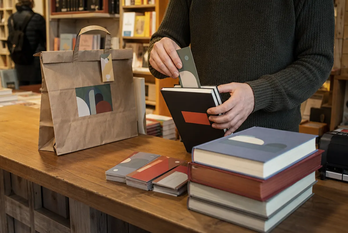 Bookseller slipping a promotional bookmark into a book at the counter