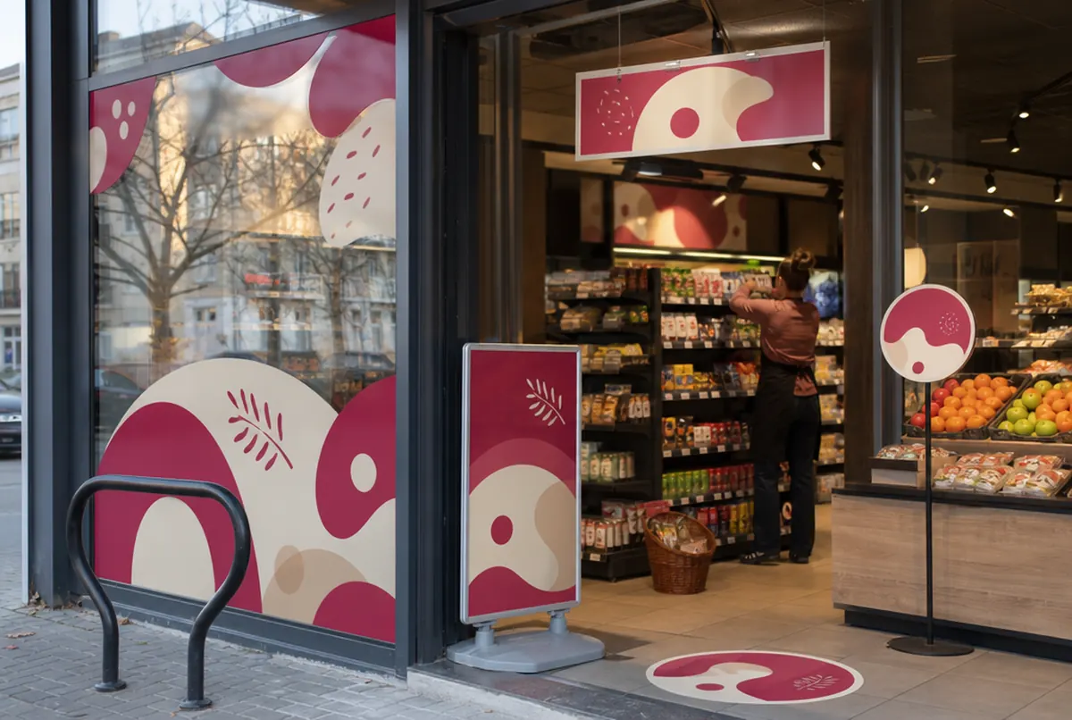 Chain store with a full campaign kit: window film, hanger, wobblers and floor sticker