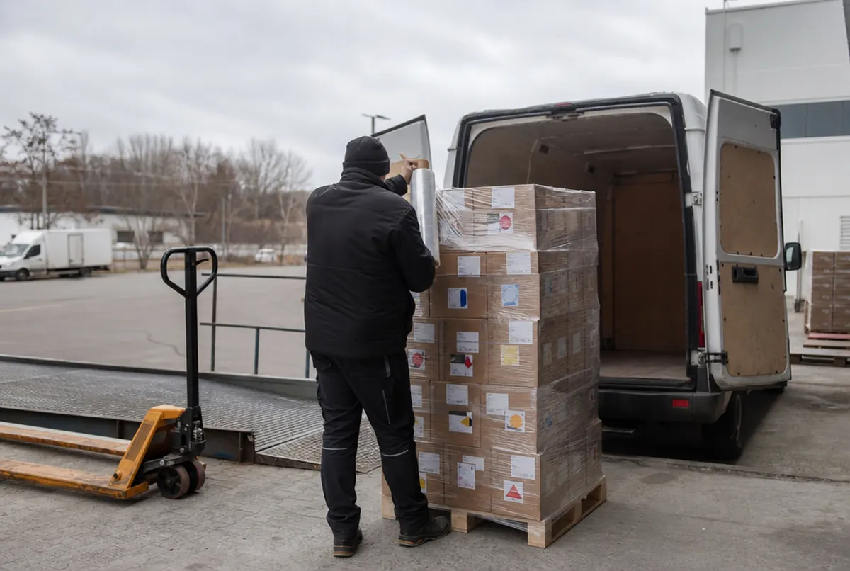 A pallet of campaign cartons wrapped in film before shipping to a distribution centre