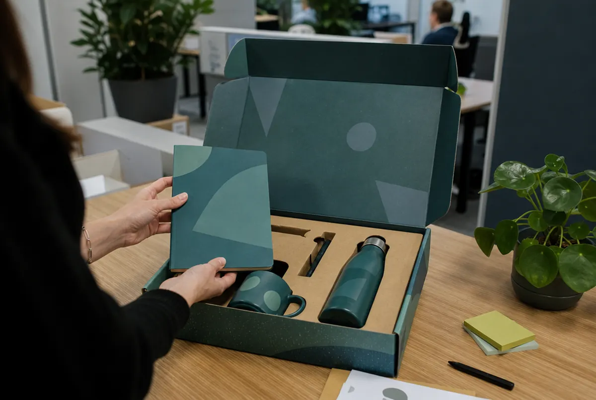 Open welcome pack with a mug, notebook, pen and bottle in a box with insert