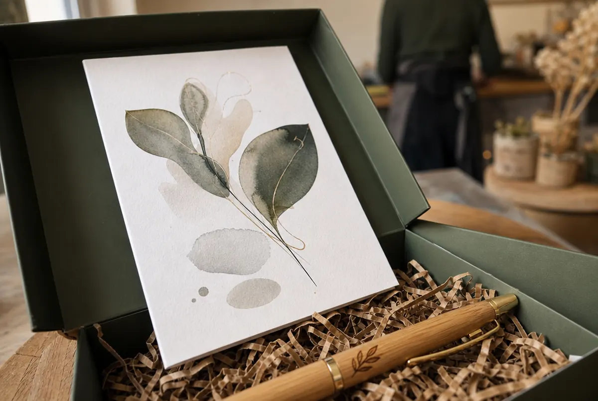 Close-up of a greeting card in the box lid and a laser-engraved pen