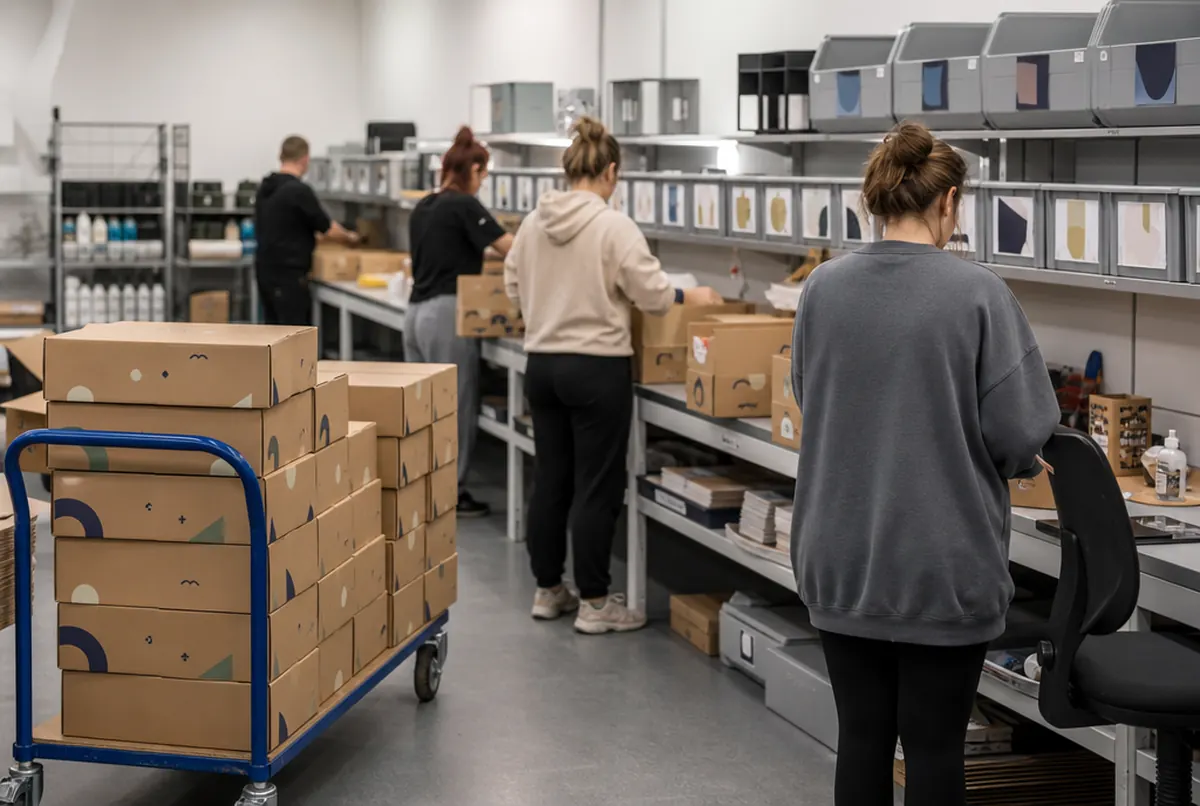 Assembling branded gift sets on a long table in the facility