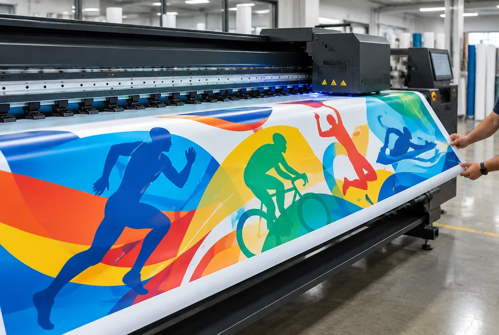 Drukarka wielkoformatowa podczas druku długiego banera z kolorową grafiką na zawody sportowe