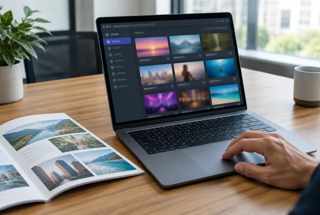 Ekran laptopa z panelem zarządzania nagraniami wideo, obok leży wydrukowany materiał o zespole