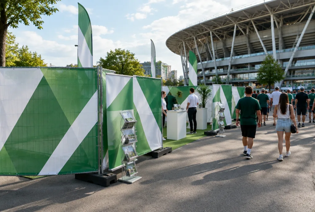 Ogrodzenie strefy promocyjnej przy stadionie obłożone dużymi siatkami mesh z abstrakcyjną zielono-białą grafiką