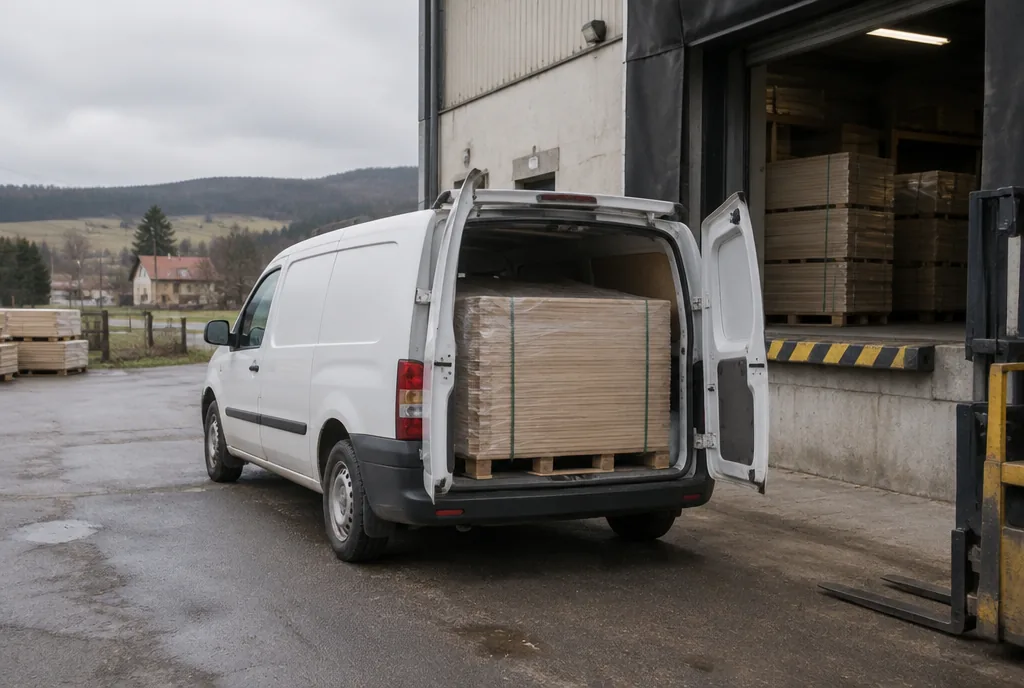 Załadunek palet z wyfrezowanymi elementami zabudów do transportu do pobliskiego zakładu produkcyjnego