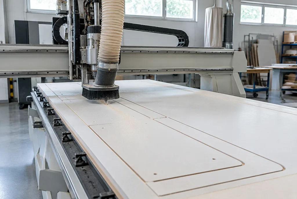Frezarka CNC obrabia dużą płytę na element podłogi zabudowy pojazdu dostawczego w hali produkcyjnej
