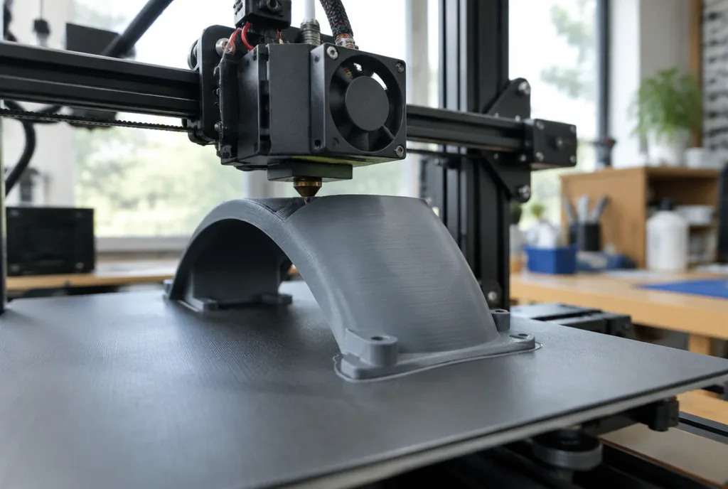 Drukarka 3D w trakcie druku zakrzywionego elementu osłony w pracowni drukarni